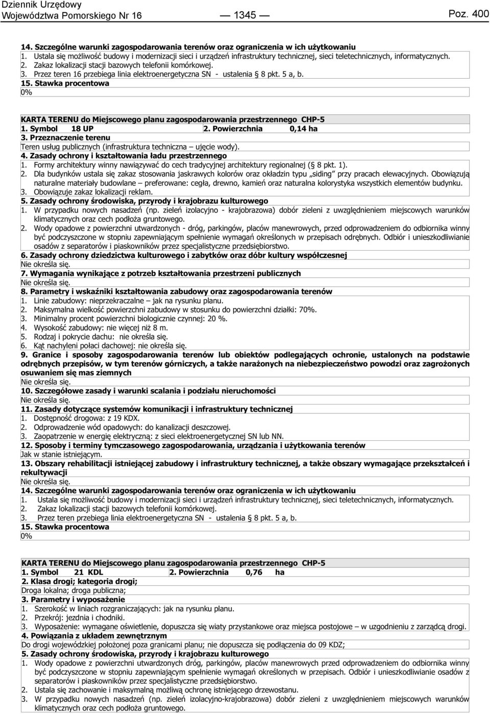 Przez teren 16 przebiega linia elektroenergetyczna SN - ustalenia 8 pkt. 5 a b. 15. Stawka procentowa 0% KARTA TERENU do Miejscowego planu zagospodarowania przestrzennego CHP-5 1. Symbol 18 UP 2.