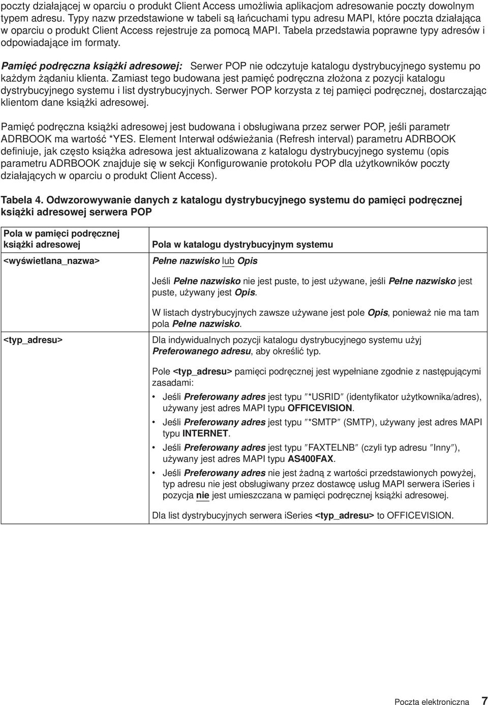 Tabela przedstawia poprawne typy adresów i odpowiadające im formaty. Pamięć podręczna książki adresowej: Serwer POP nie odczytuje katalogu dystrybucyjnego systemu po każdym żądaniu klienta.