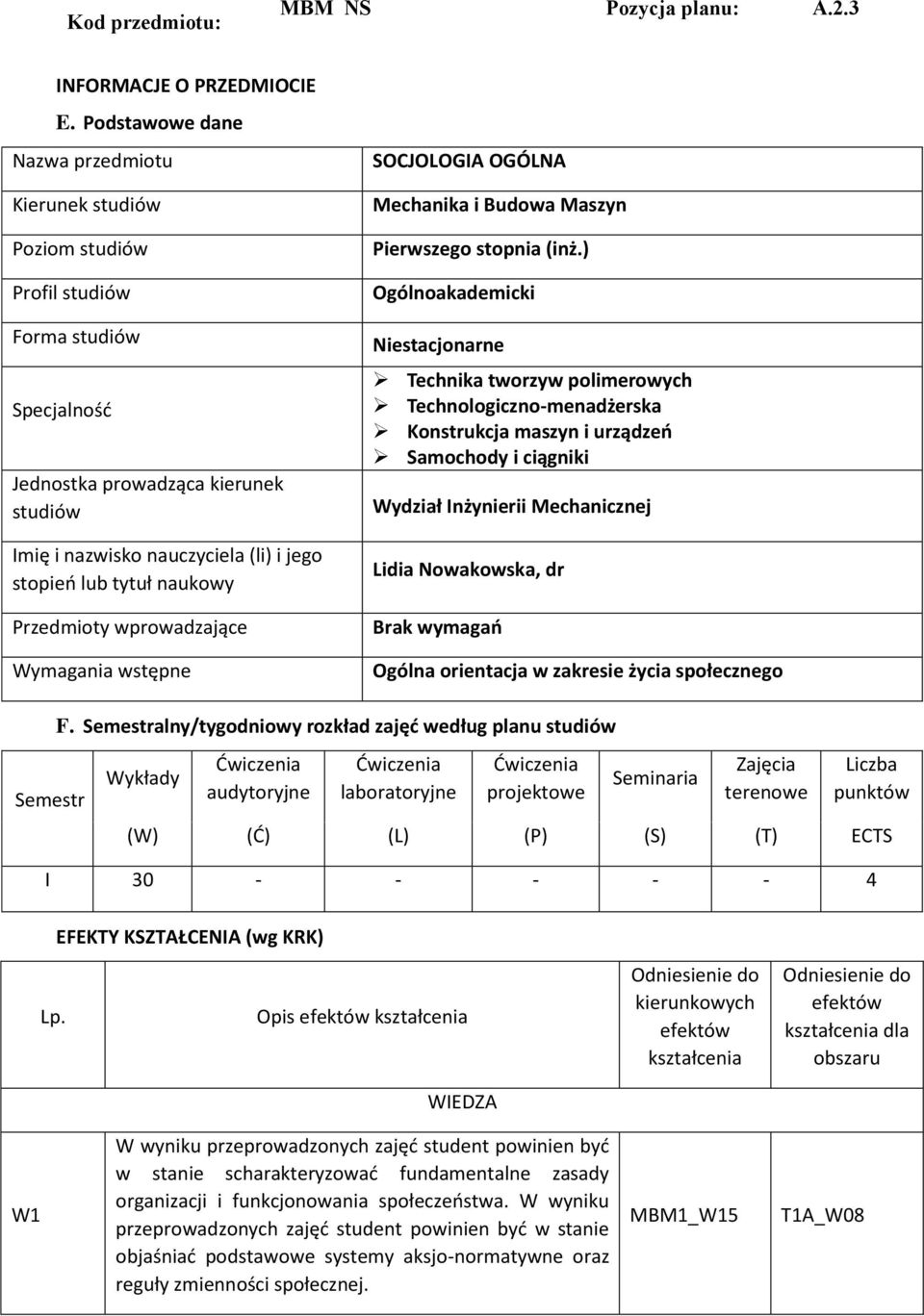 tytuł naukowy Przedmioty wprowadzające Wymagania wstępne SOCJOLOGIA OGÓLNA Mechanika i Budowa Maszyn Pierwszego stopnia (inż.