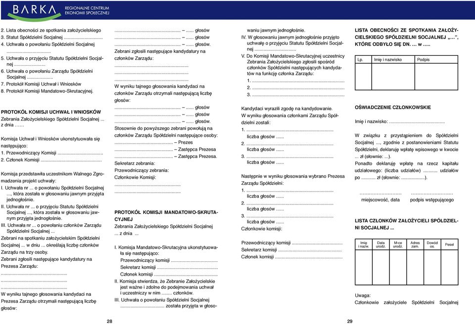 PROTOKÓŁ KOMISJI UCHWAŁ I WNIOSKÓW Zebrania Założycielskiego Spółdzielni Socjalnej... z dnia Komisja Uchwał i Wniosków ukonstytuowała się następująco: 1. Przewodniczący Komisji... 2. Członek Komisji.