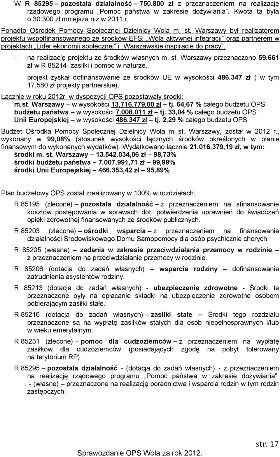 Warszawy był realizatorem projektu współfinansowanego ze środków EFS: Wola aktywnej integracji oraz partnerem w projektach Lider ekonomii społecznej i Warszawskie inspiracje do pracy.