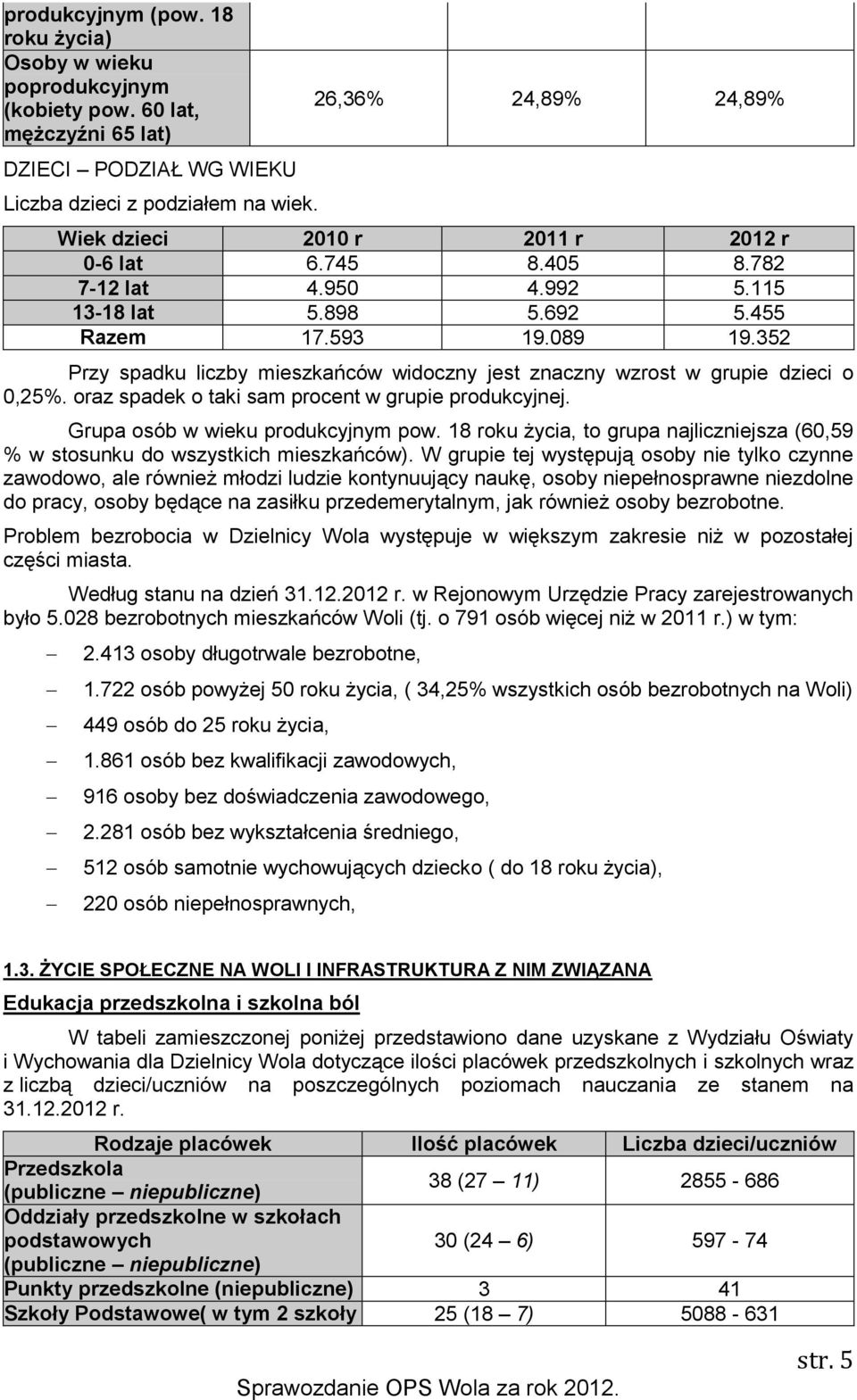 352 Przy spadku liczby mieszkańców widoczny jest znaczny wzrost w grupie dzieci o 0,25%. oraz spadek o taki sam procent w grupie produkcyjnej. Grupa osób w wieku produkcyjnym pow.