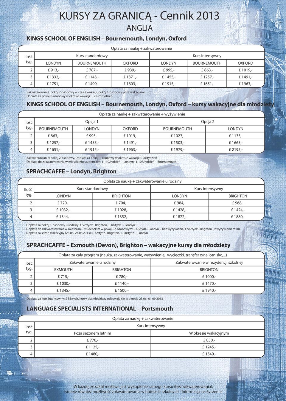 Dopłata za pokój 1-osobowy w okresie wakacji: 1-6/tydzień KINGS SCHOOL OF ENGLISH Bournemouth, Londyn, Oxford kursy wakacyjne dla młodzieży + wyżywienie Opcja 1 Opcja BOURNEMOUTH OXFORD BOURNEMOUTH