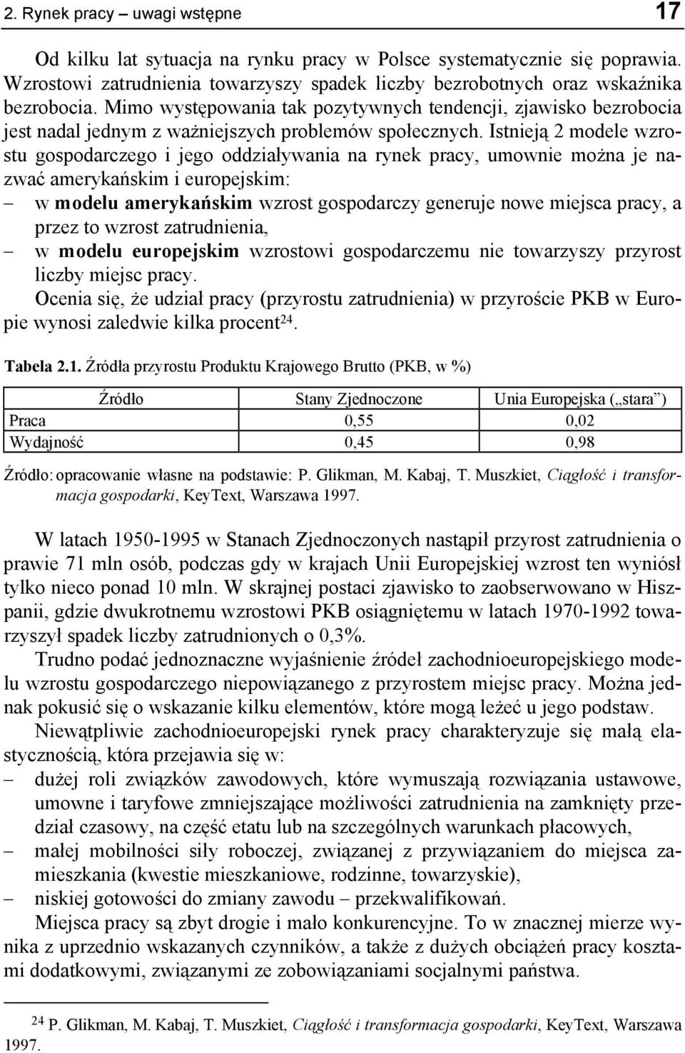 Istnieją 2 modele wzrostu gospodarczego i jego oddziaływania na rynek pracy, umownie można je nazwać amerykańskim i europejskim: w modelu amerykańskim wzrost gospodarczy generuje nowe miejsca pracy,