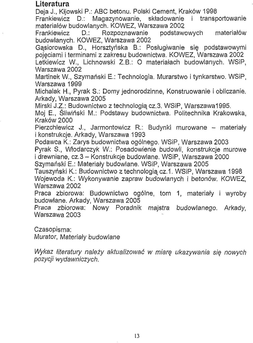 KOWEZ, Warszawa 2002 Letkiewicz W., Lichnowski 2.6.: 0 materiatach budowlanych. WSiP, Warszawa 2002 Martinek W., Szymanski E.: Technologia. Murarstwo i tynkarstwo. WSiP, Warszawa 1999 Michalak H.