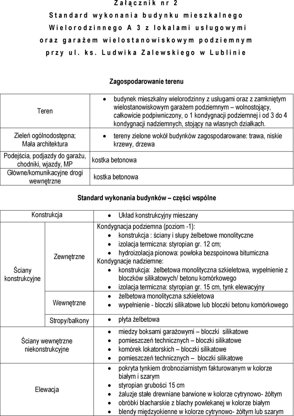 L u d w i k a Z a l e w s k i e g o w L u b l i n i e Zagospodarowanie terenu Teren Zieleń ogólnodostępna; Mała architektura Podejścia, podjazdy do garażu, chodniki, wjazdy, MP Główne/komunikacyjne