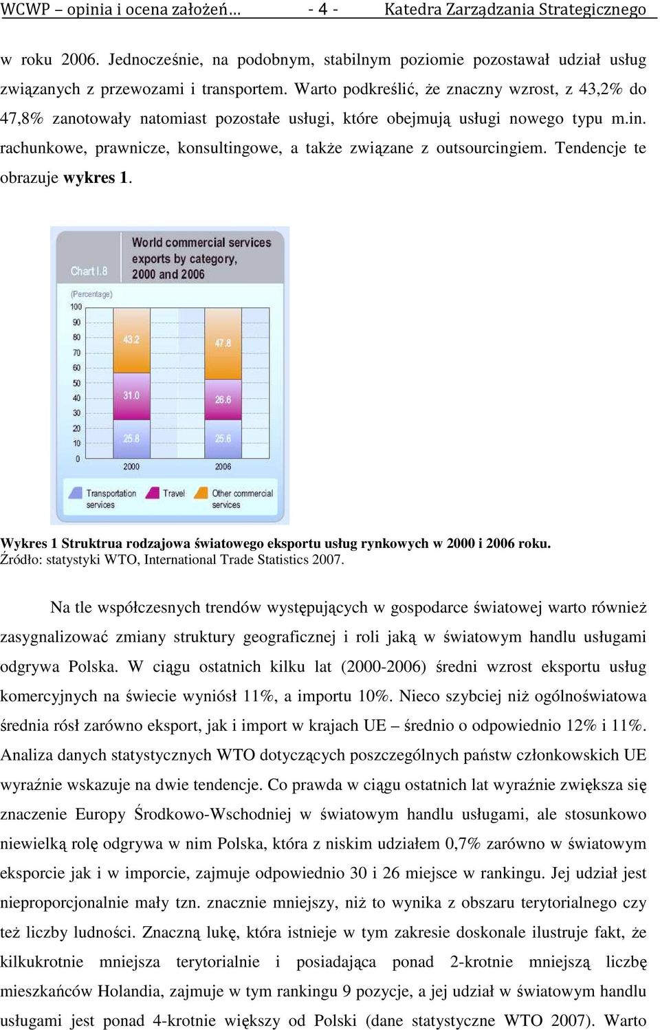 rachunkowe, prawnicze, konsultingowe, a takŝe związane z outsourcingiem. Tendencje te obrazuje wykres 1. Wykres 1 Struktrua rodzajowa światowego eksportu usług rynkowych w 2000 i 2006 roku.