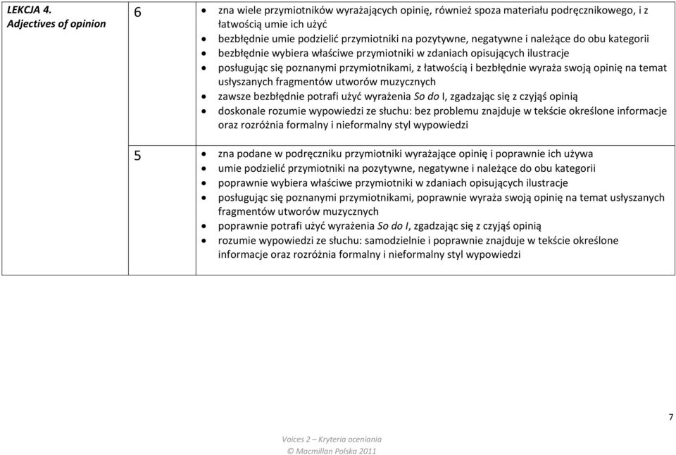 negatywne i należące do obu kategorii bezbłędnie wybiera właściwe przymiotniki w zdaniach opisujących ilustracje posługując się poznanymi przymiotnikami, z łatwością i bezbłędnie wyraża swoją opinię