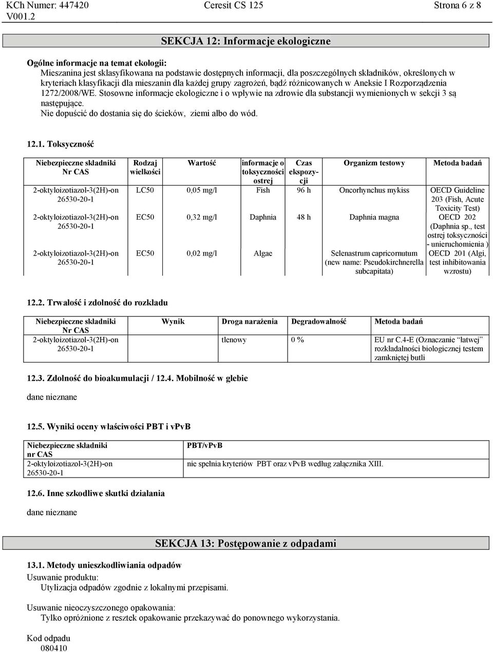 Stosowne informacje ekologiczne i o wpływie na zdrowie dla substancji wymienionych w sekcji 3 są następujące. Nie dopuścić do dostania się do ścieków, ziemi albo do wód. 12