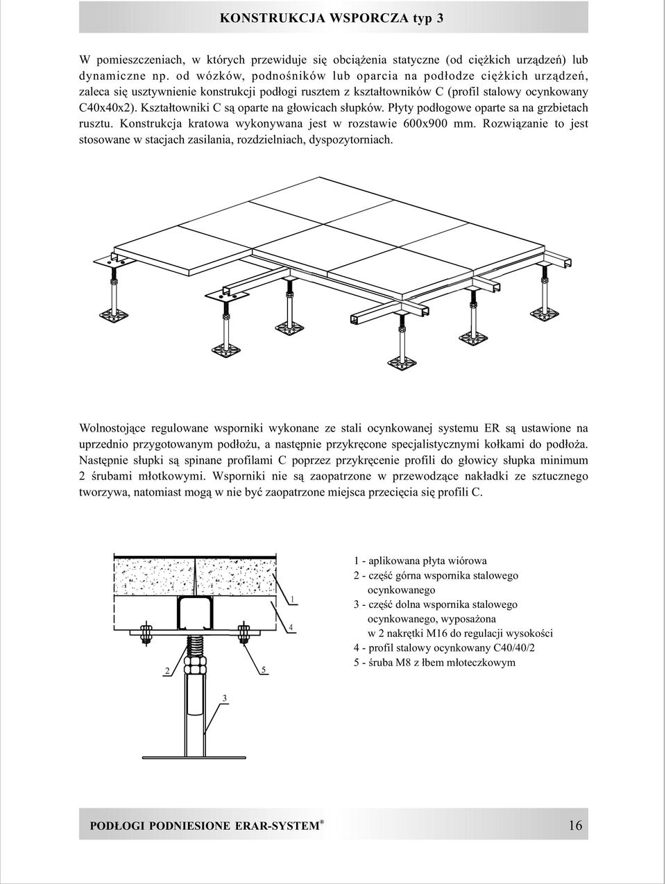 Kszta³towniki C s¹ oparte na g³owicach s³upków. P³yty pod³ogowe oparte sa na grzbietach rusztu. Konstrukcja kratowa wykonywana jest w rozstawie 600x900 mm.