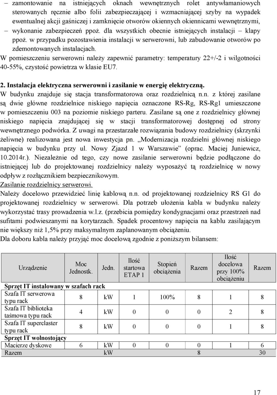 w przypadku pozostawienia instalacji w serwerowni, lub zabudowanie otworów po zdemontowanych instalacjach.