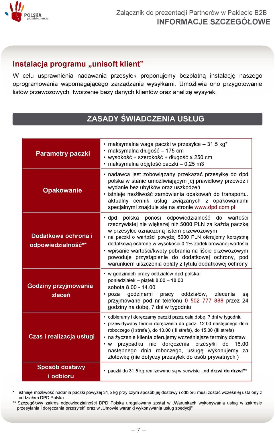 ZASADY ŚWIADCZENIA USŁUG Parametry paczki Opakowanie Dodatkowa ochrona i odpowiedzialność** Godziny przyjmowania zleceń Czas i realizacja usługi Sposób dostawy i odbioru maksymalna waga paczki w