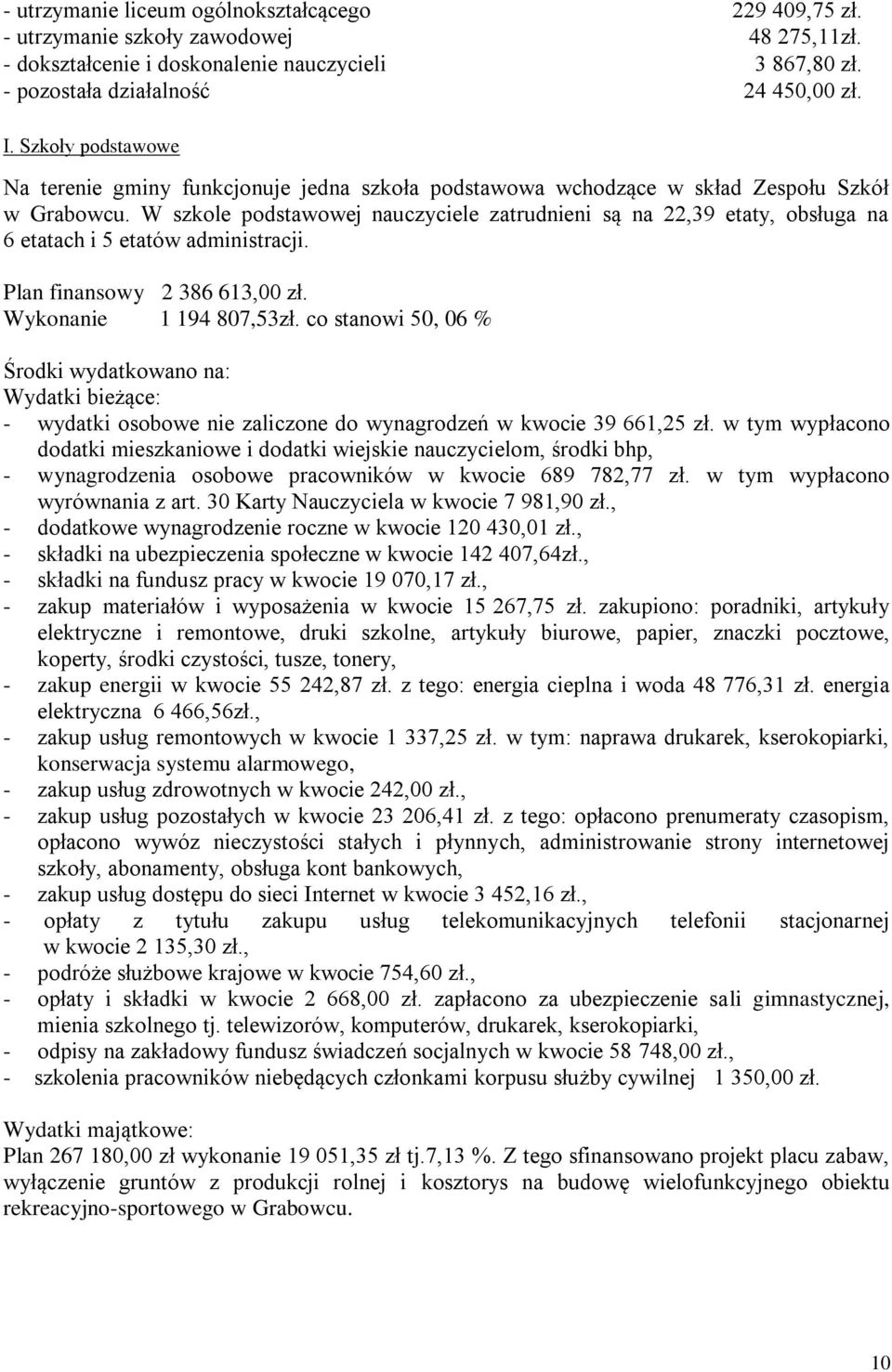 W szkole podstawowej nauczyciele zatrudnieni są na 22,39 etaty, obsługa na 6 etatach i 5 etatów administracji. Plan finansowy 2 386 613,00 zł. Wykonanie 1 194 807,53zł.