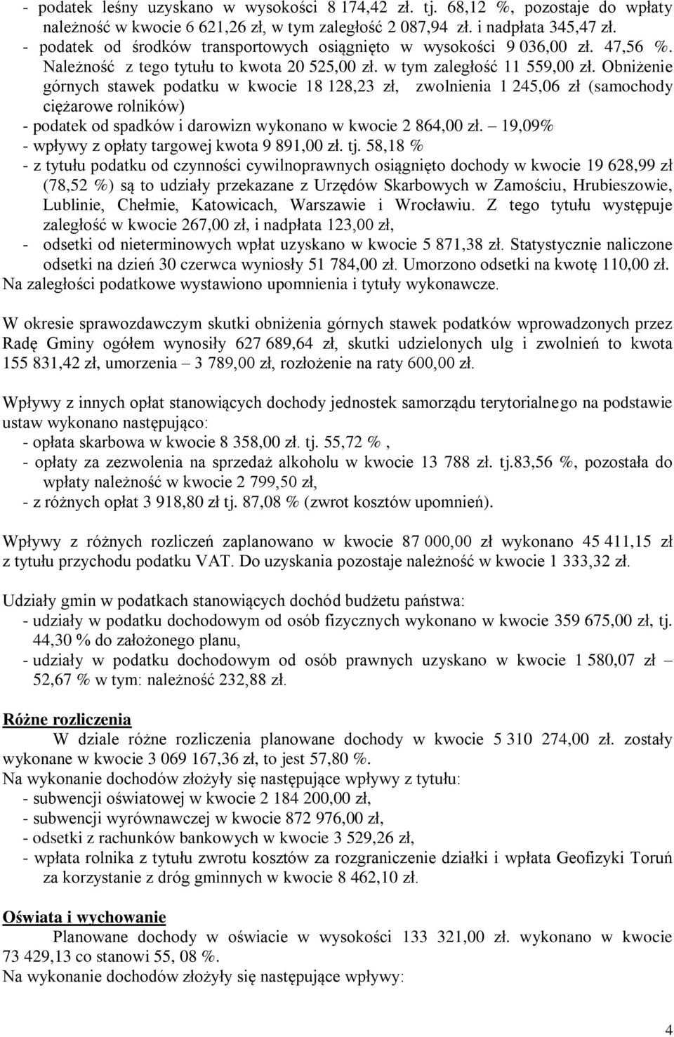 Obniżenie górnych stawek podatku w kwocie 18 128,23 zł, zwolnienia 1 245,06 zł (samochody ciężarowe rolników) - podatek od spadków i darowizn wykonano w kwocie 2 864,00 zł.