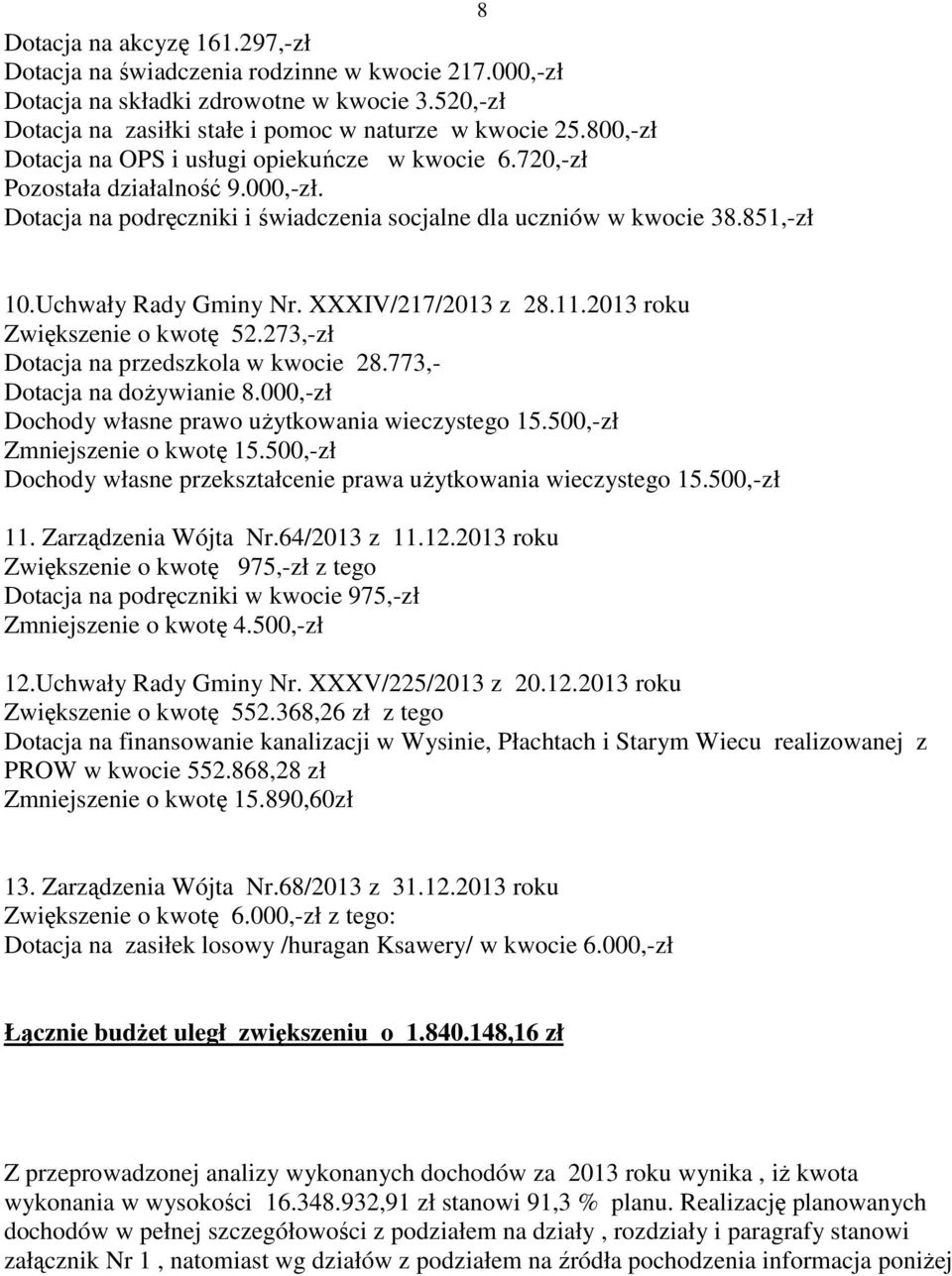 XXXIV/217/2013 z 28.11.2013 roku Zwiększenie o kwotę 52.273,-zł Dotacja na przedszkola w kwocie 28.773,- Dotacja na doŝywianie 8.000,-zł Dochody własne prawo uŝytkowania wieczystego 15.