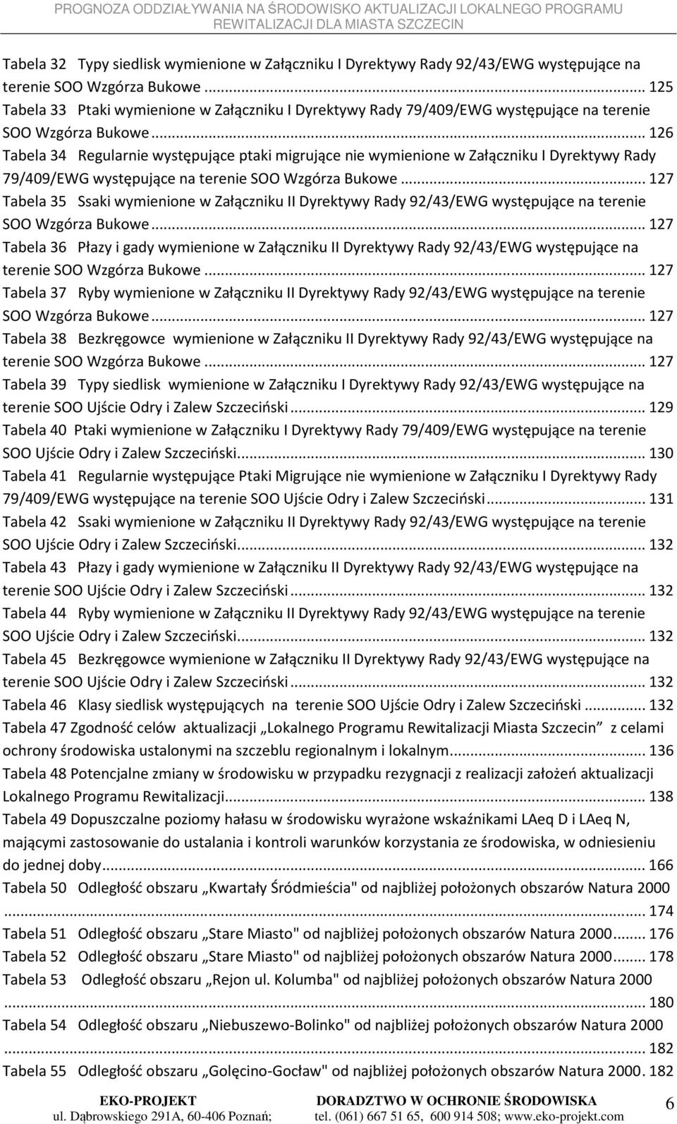 .. 126 Tabela 34 Regularnie występujące ptaki migrujące nie wymienione w Załączniku I Dyrektywy Rady 79/409/EWG występujące na terenie SOO Wzgórza Bukowe.