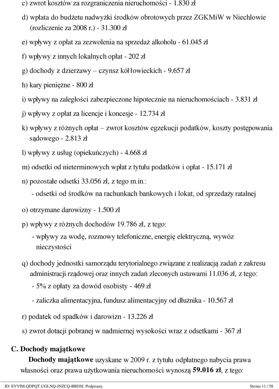 045 zł f) wpływy z innych lokalnych opłat - 202 zł g) dochody z dzierżawy czynsz kół łowieckich - 9.