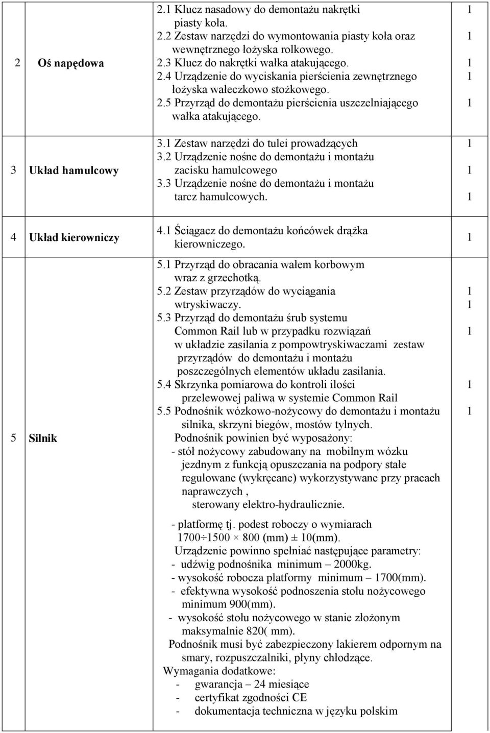 Zestaw narzędzi do tulei prowadzących 3.2 Urządzenie nośne do demontażu i montażu zacisku hamulcowego 3.3 Urządzenie nośne do demontażu i montażu tarcz hamulcowych. 4 Układ kierowniczy 5 Silnik 4.