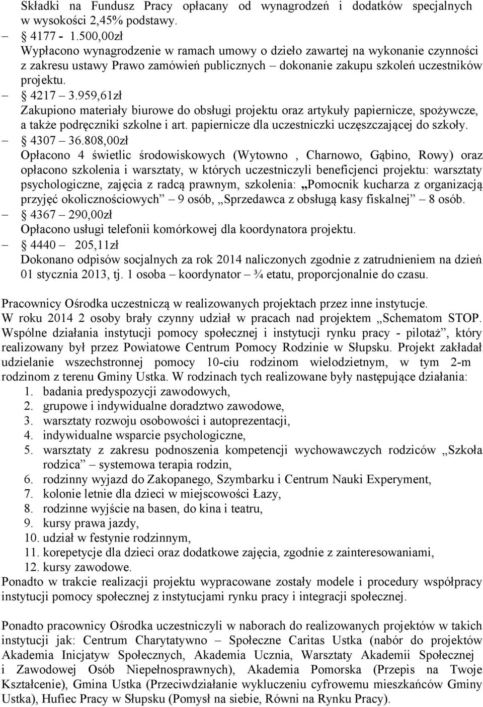 959,61zł Zakupiono materiały biurowe do obsługi projektu oraz artykuły papiernicze, spożywcze, a także podręczniki szkolne i art. papiernicze dla uczestniczki uczęszczającej do szkoły. 4307 36.