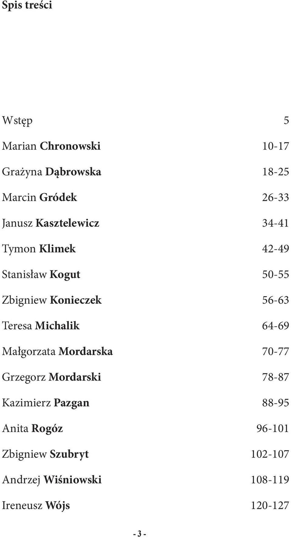 Teresa Michalik 64-69 Małgorzata Mordarska 70-77 Grzegorz Mordarski 78-87 Kazimierz Pazgan