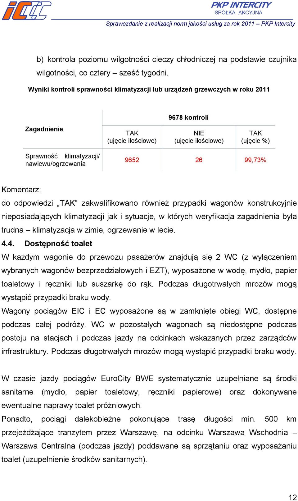 nawiewu/ogrzewania 9652 26 99,73% Komentarz: do odpowiedzi TAK zakwalifikowano również przypadki wagonów konstrukcyjnie nieposiadających klimatyzacji jak i sytuacje, w których weryfikacja zagadnienia