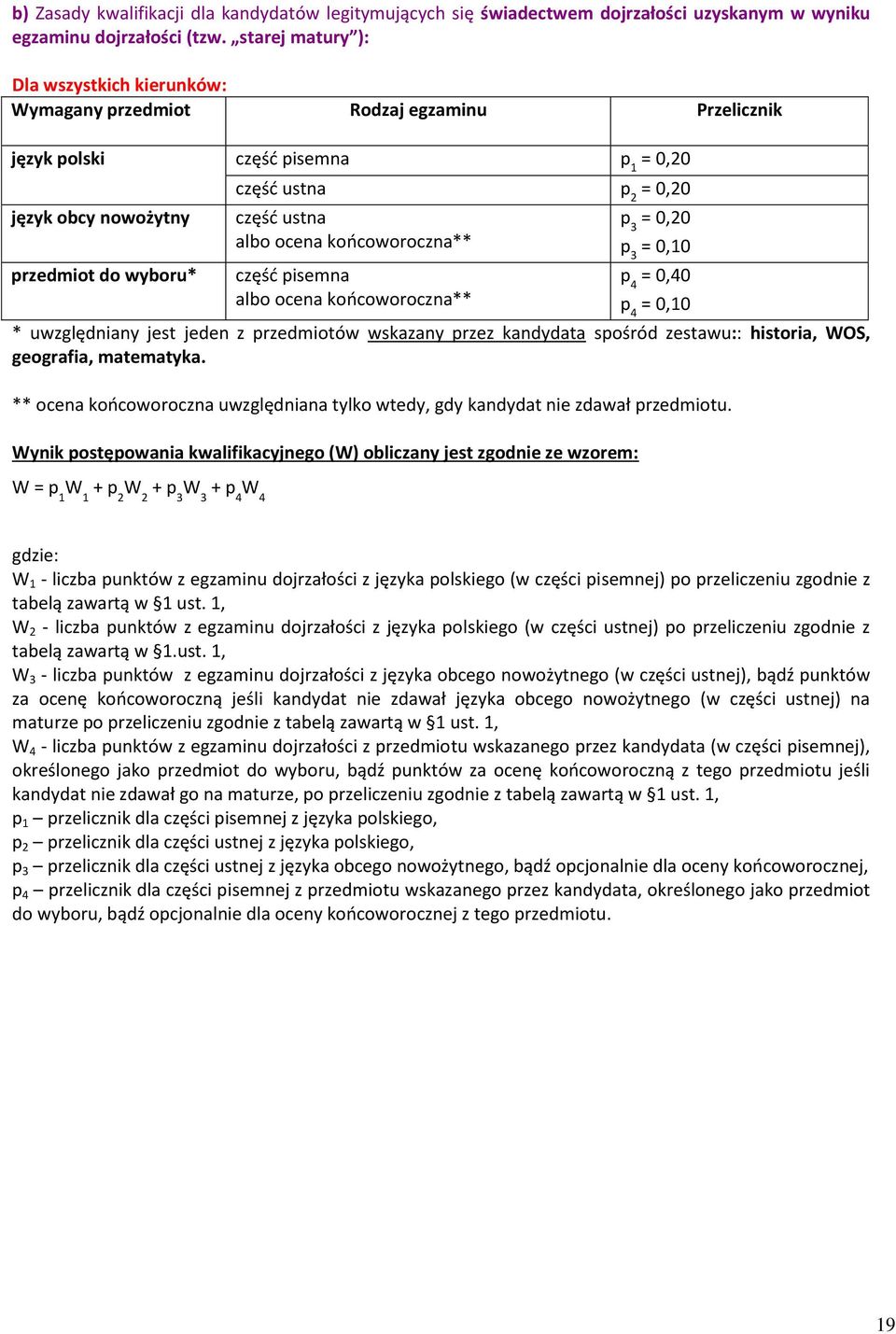 pisemna = 0,40 * uwzględniany jest jeden z przedmiotów wskazany przez kandydata spośród zestawu:: historia, WOS, geografia, matematyka.