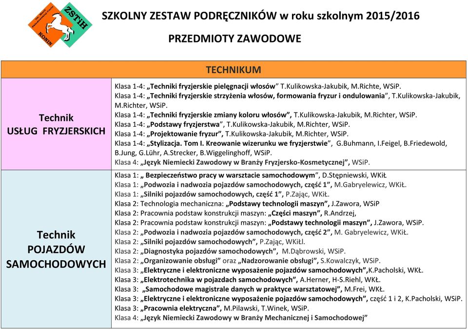 Klasa 1-4: Techniki fryzjerskie zmiany koloru włosów, T.Kulikowska-Jakubik, M.Richter, WSiP. Klasa 1-4: Podstawy fryzjerstwa, T.Kulikowska-Jakubik, M.Richter, WSiP. Klasa 1-4: Projektowanie fryzur, T.