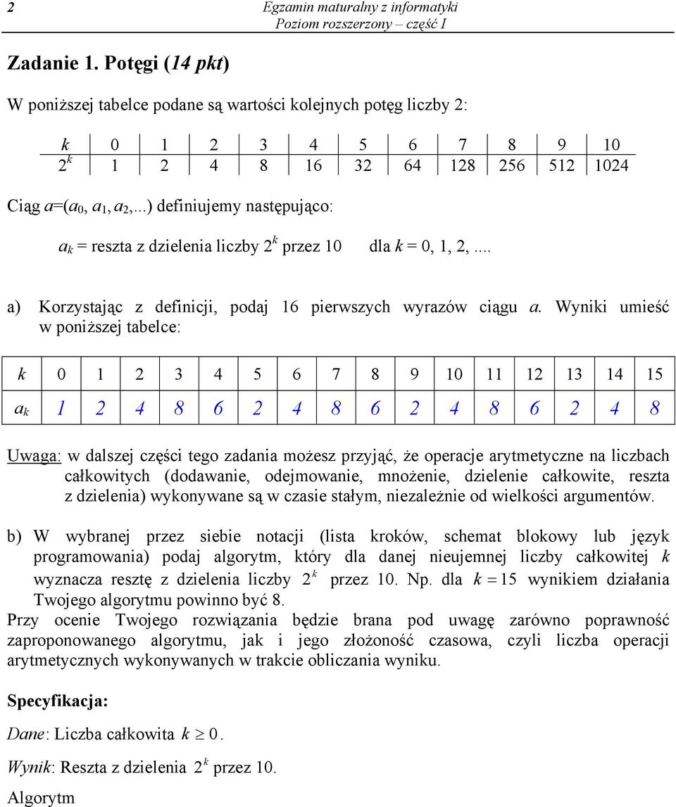 ..) definiujemy następująco: a k = reszta z dzielenia liczby 2 k przez 10 dla k = 0, 1, 2,... a) Korzystając z definicji, podaj 16 pierwszych wyrazów ciągu a.