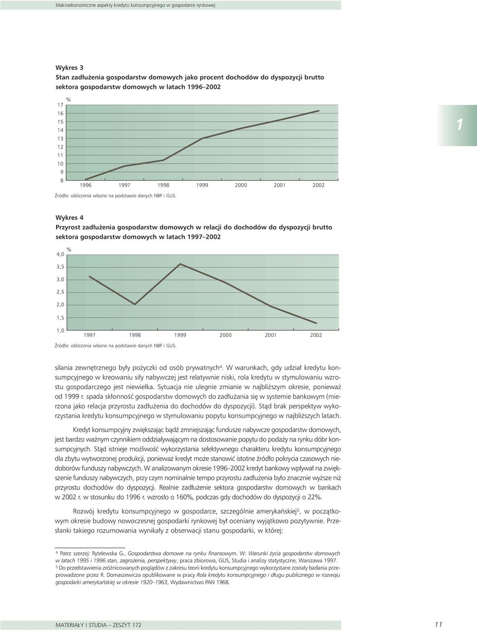 Wykres 4 Przyrost zad u enia gospodarstw domowych w relacji do dochodów do dyspozycji brutto sektora gospodarstw domowych w latach 1997 22 % 4, 3,5 3, 2,5 2, 1,5 1, 1997 1998 1999 2 21 22 èród o: