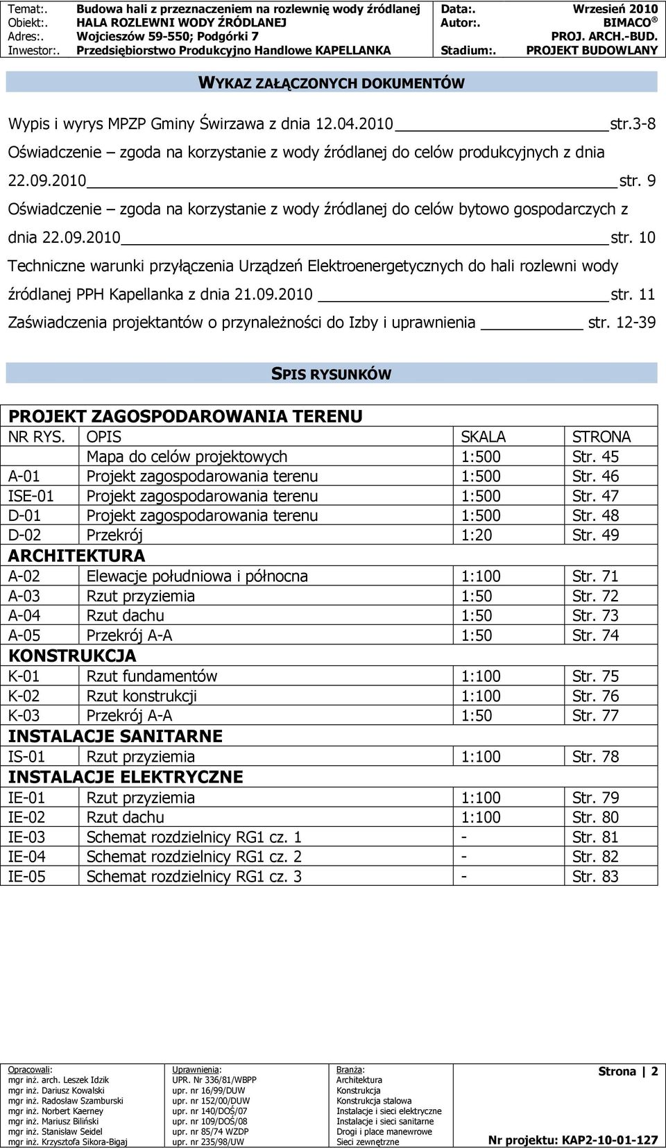 12-39 SPIS RYSUNKÓW PROJEKT ZAGOSPODAROWANIA TERENU NR RYS. OPIS SKALA STRONA Mapa do celów projektowych 1:500 Str. 45 A-01 Projekt zagospodarowania terenu 1:500 Str.