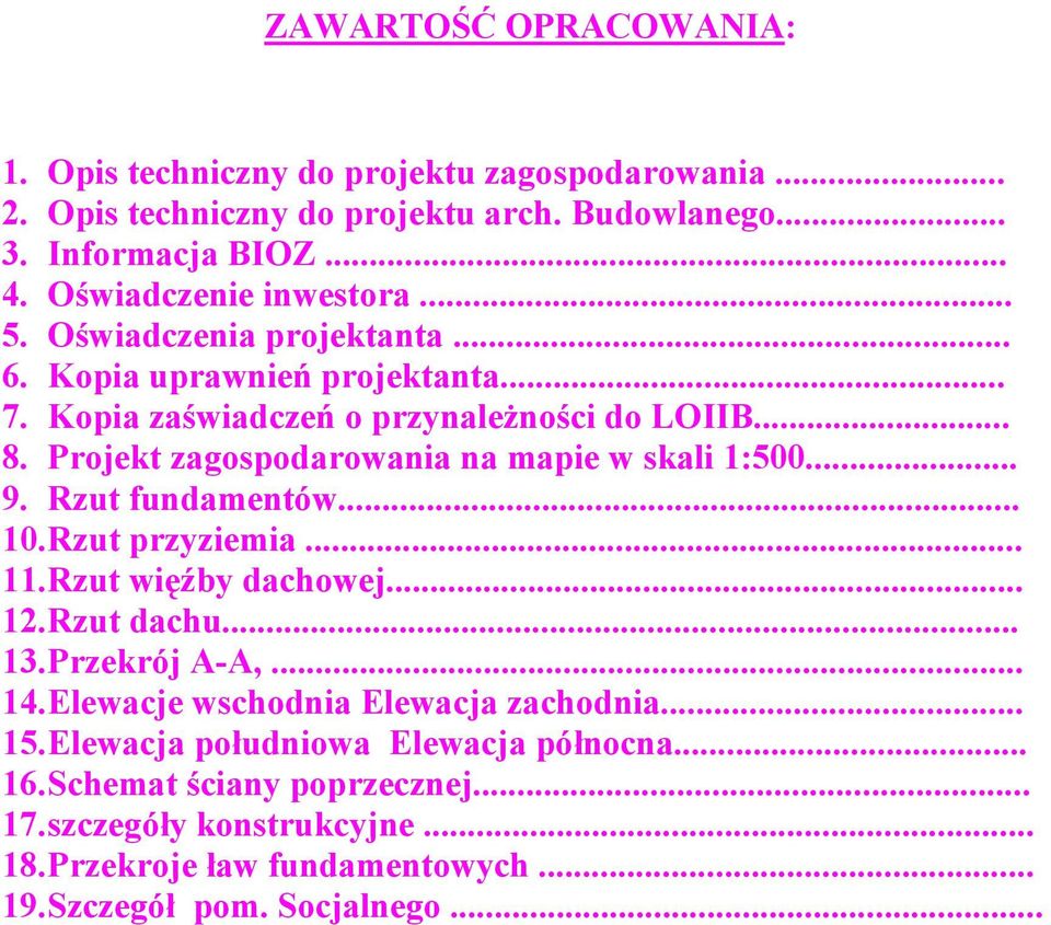 Projekt zagospodarowania na mapie w skali 1:500... 9. Rzut fundamentów... 10. Rzut przyziemia... 11. Rzut więźby dachowej... 12. Rzut dachu... 13. Przekrój A-A,... 14.