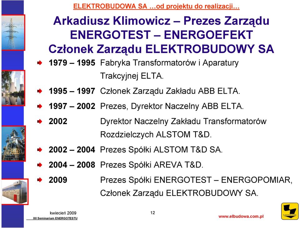 1997 2002 Prezes, Dyrektor Naczelny ABB ELTA. 2002 Dyrektor Naczelny Zakładu Transformatorów Rozdzielczych ALSTOM T&D.