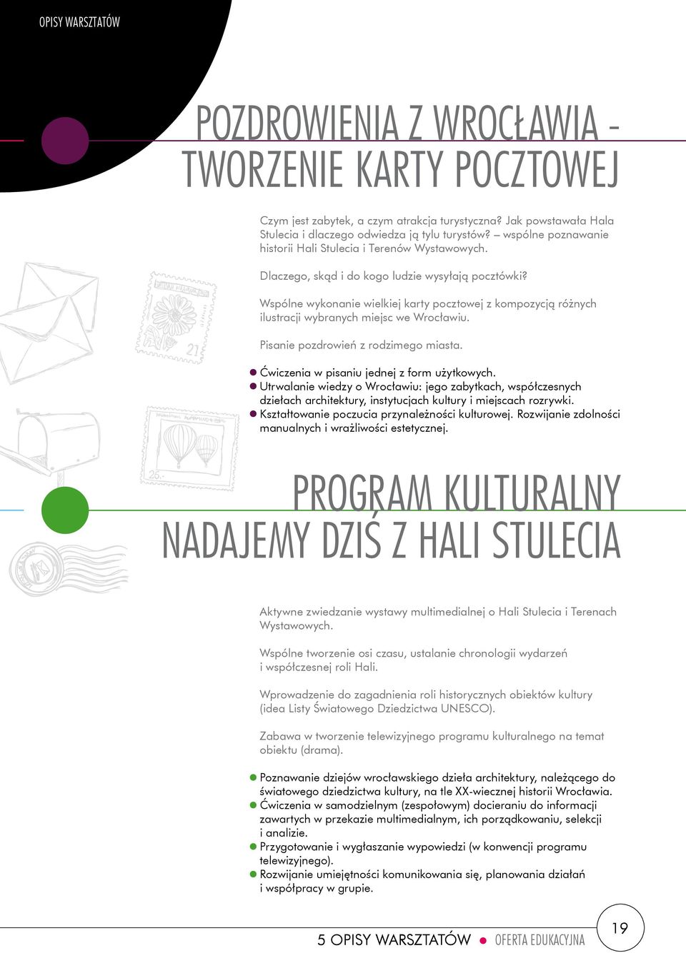 Wspólne wykonanie wielkiej karty pocztowej z kompozycją różnych ilustracji wybranych miejsc we Wrocławiu. Pisanie pozdrowień z rodzimego miasta. Ćwiczenia w pisaniu jednej z form użytkowych.