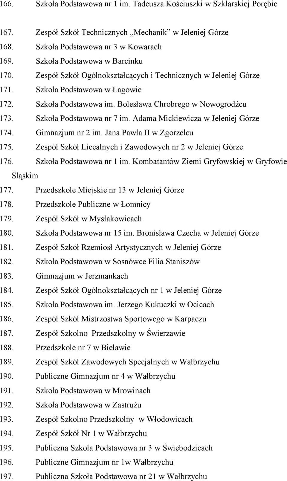 Szkoła Podstawowa nr 7 im. Adama Mickiewicza w Jeleniej Górze 174. Gimnazjum nr 2 im. Jana Pawła II w Zgorzelcu 175. Zespół Szkół Licealnych i Zawodowych nr 2 w Jeleniej Górze 176.