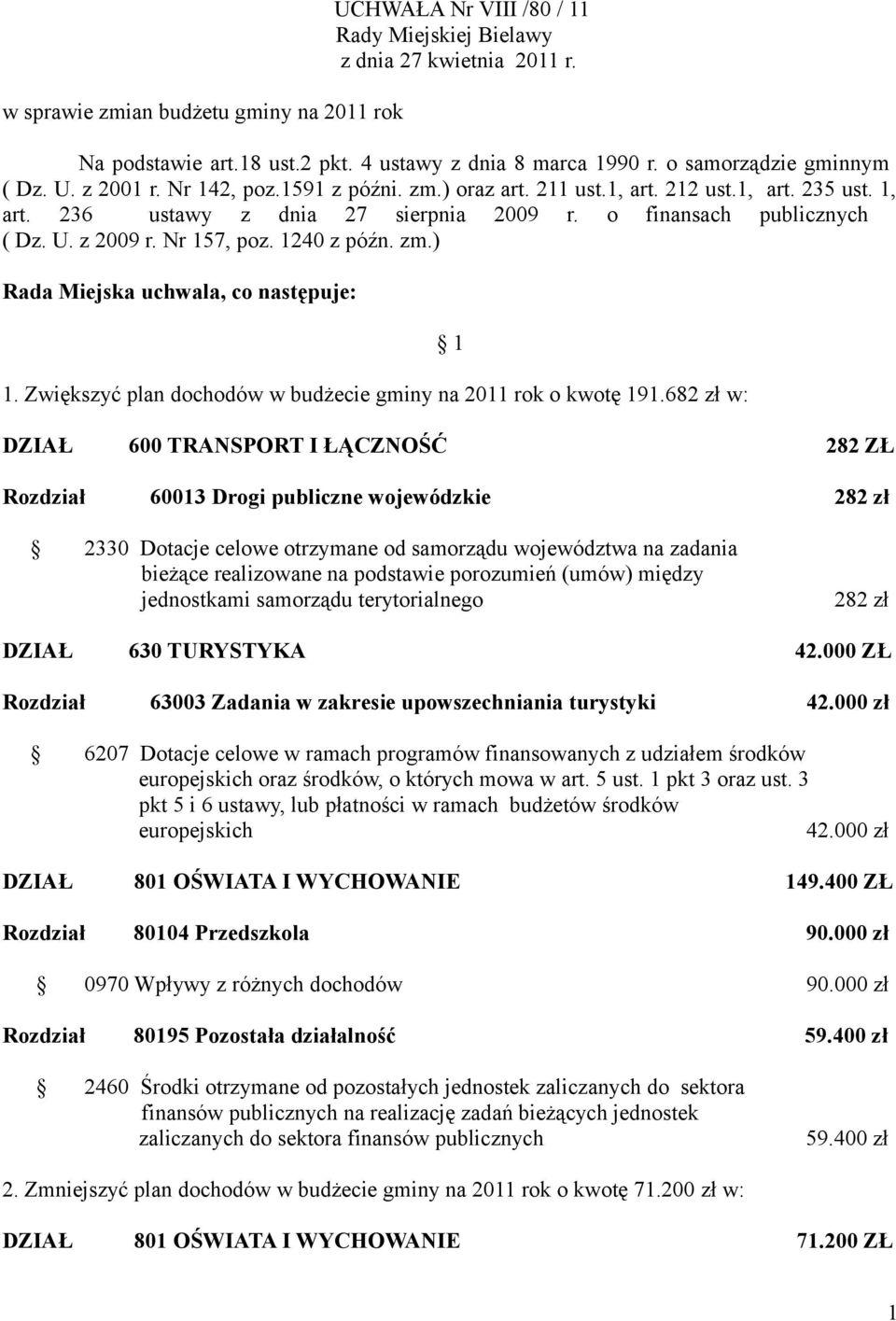 U. z 2009 r. Nr 157, poz. 1240 z późn. zm.) Rada Miejska uchwala, co następuje: 1. Zwiększyć plan dochodów w budżecie gminy na 2011 rok o kwotę 191.