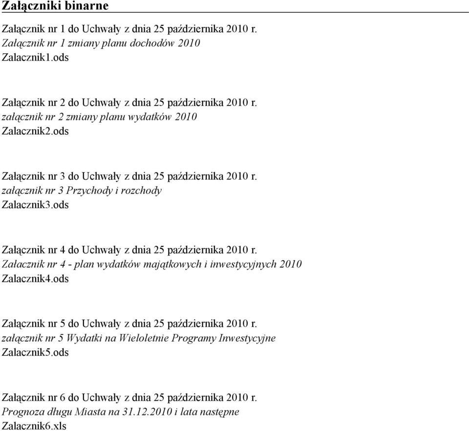 załącznik nr 3 Przychody i rozchody Zalacznik3.ods Załącznik nr 4 do Uchwały z dnia 25 października 2010 r. Załacznik nr 4 - plan wydatków majątkowych i inwestycyjnych 2010 Zalacznik4.