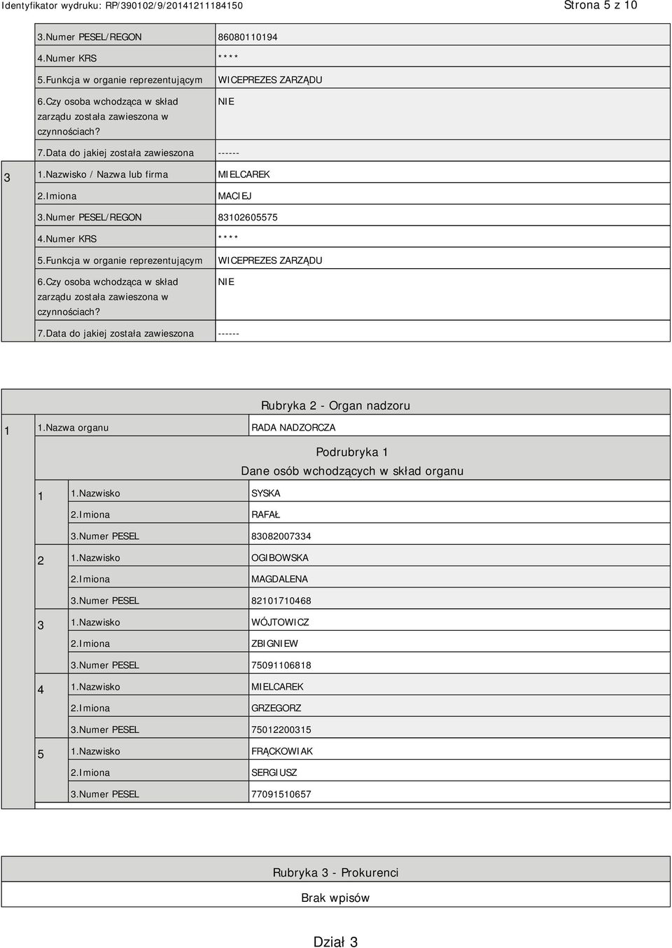 Czy osoba wchodząca w skład zarządu została zawieszona w czynnościach? WICEPREZES ZARZĄDU 7.Data do jakiej została zawieszona ------ Rubryka 2 - Organ nadzoru 1 1.