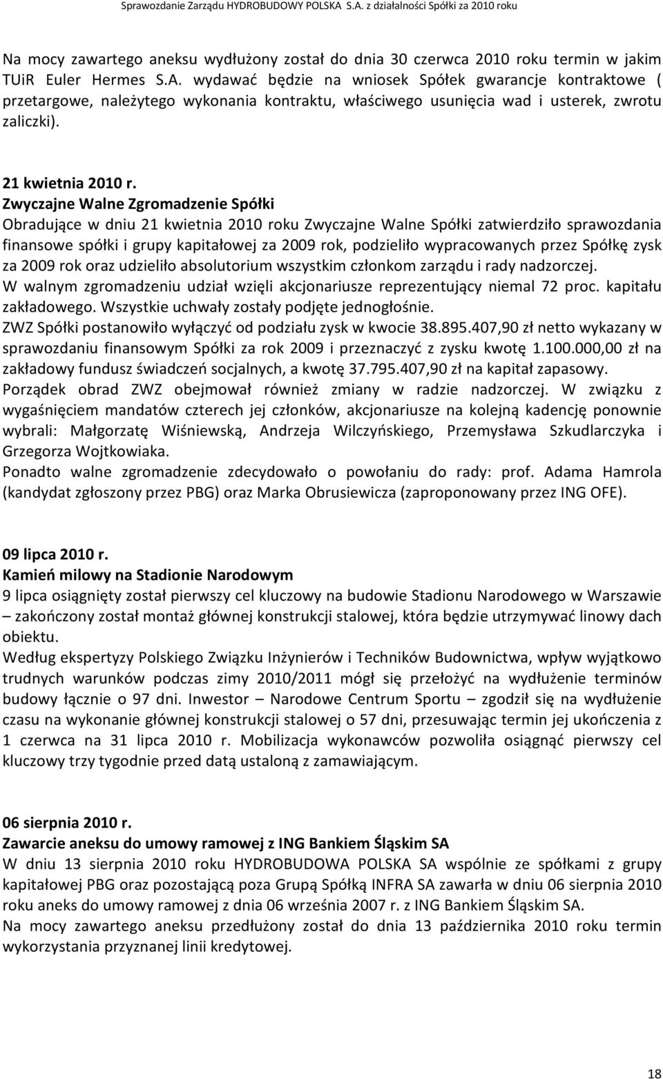 Zwyczajne Walne Zgromadzenie Spółki Obradujące w dniu 21 kwietnia 2010 roku Zwyczajne Walne Spółki zatwierdziło sprawozdania finansowe spółki i grupy kapitałowej za 2009 rok, podzieliło wypracowanych