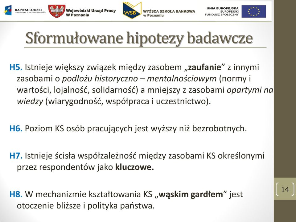 lojalność, solidarność) a mniejszy z zasobami opartymi na wiedzy (wiarygodność, współpraca i uczestnictwo). H6.