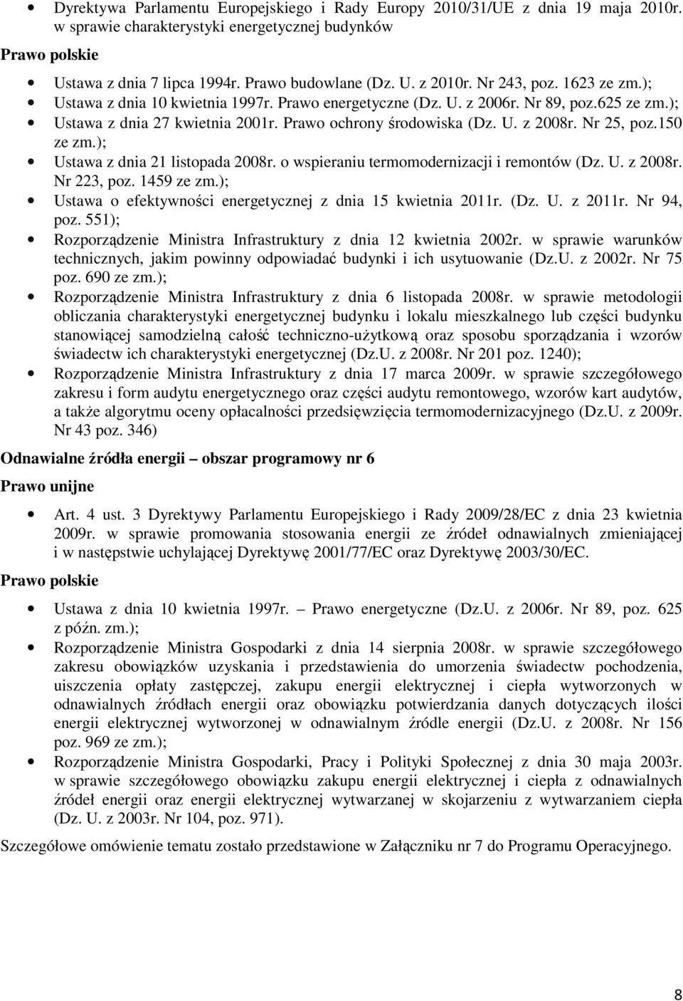 Nr 25, poz.150 ze zm.); Ustawa z dnia 21 listopada 2008r. o wspieraniu termomodernizacji i remontów (Dz. U. z 2008r. Nr 223, poz. 1459 ze zm.