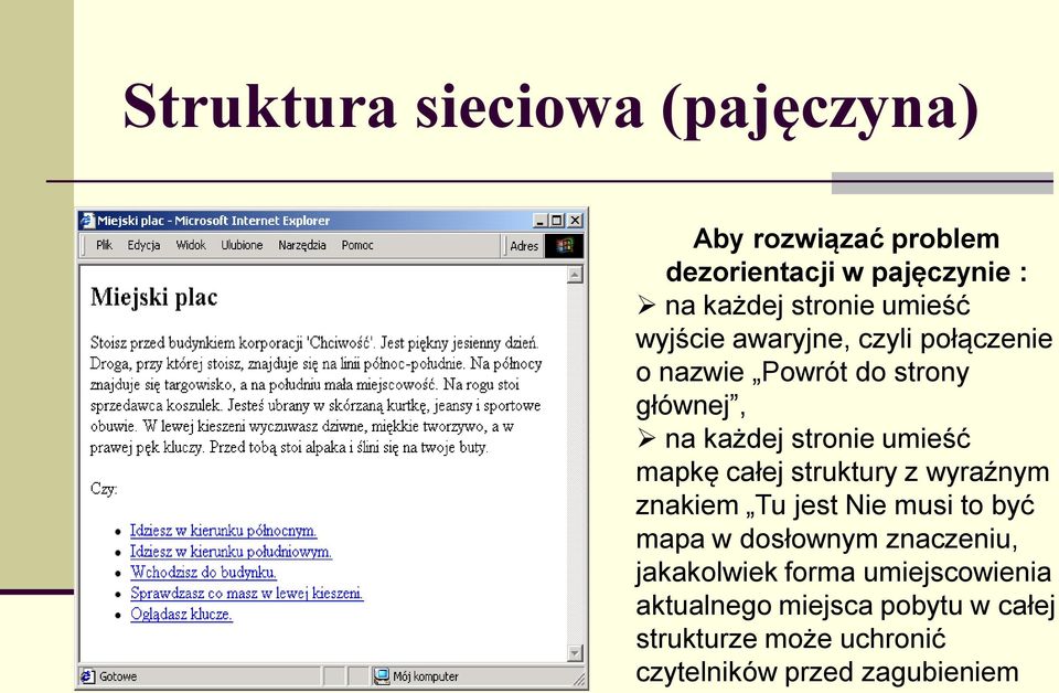 mapkę całej struktury z wyraźnym znakiem Tu jest Nie musi to być mapa w dosłownym znaczeniu,