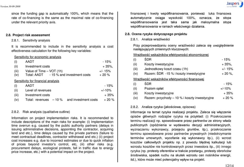 (ii) Investment costs + 35%, (iii) Value of Time VOT (1h) +/- 15% (iv) Total: AADT - 15 % and investment costs + 20 % Sensitivity for financial analysis (i) AADT - 15% (ii) Level of revenues +/-10%