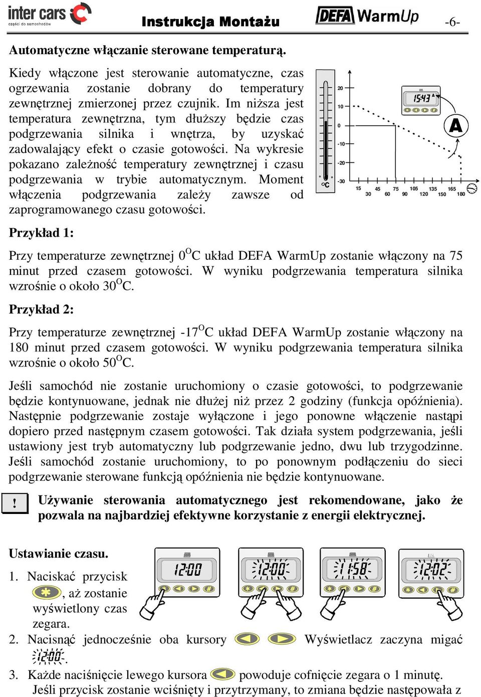 Na wykresie pokazano zaleŝność temperatury zewnętrznej i czasu podgrzewania w trybie automatycznym. Moment włączenia podgrzewania zaleŝy zawsze od zaprogramowanego czasu gotowości.