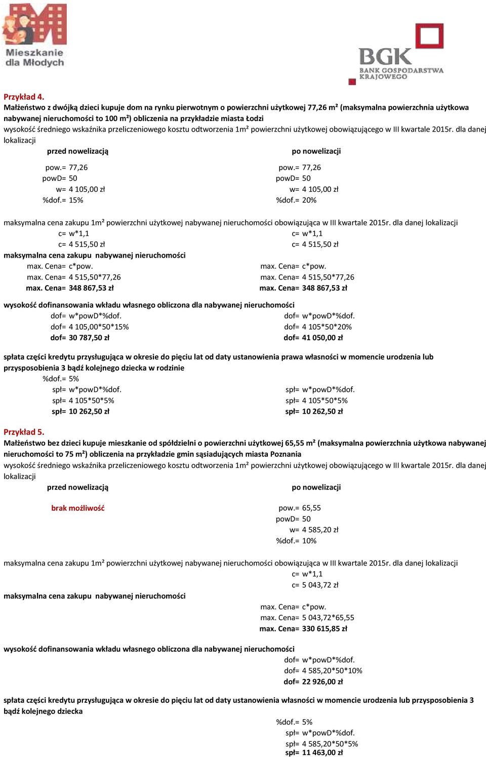 pow.= 77,26 pow.= 77,26 w= 4 105,00 zł w= 4 105,00 zł %dof.= 15% %dof.= 20% maksymalna cena zakupu 1m² powierzchni użytkowej nabywanej nieruchomości obowiązująca w III kwartale 2015r.