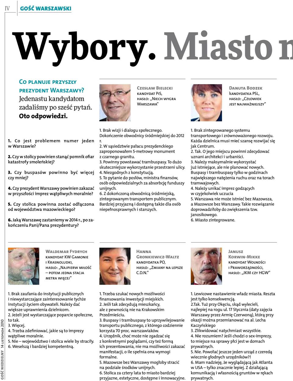 Czy w stolicy powinien stanąć pomnik ofiar katastrofy smoleńskiej? 3. Czy buspasów powinno być więcej czy mniej? 4. Czy prezydent Warszawy powinien zakazać w przyszłości imprez wątpliwych moralnie? 5.