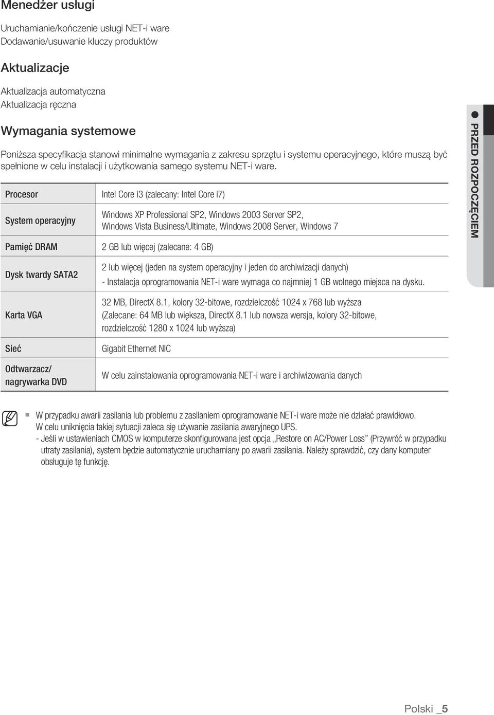 Procesor Intel Core i3 (zalecany: Intel Core i7) System operacyjny Pamięć DRAM Windows XP Professional SP2, Windows 2003 Server SP2, Windows Vista Business/Ultimate, Windows 2008 Server, Windows 7 2