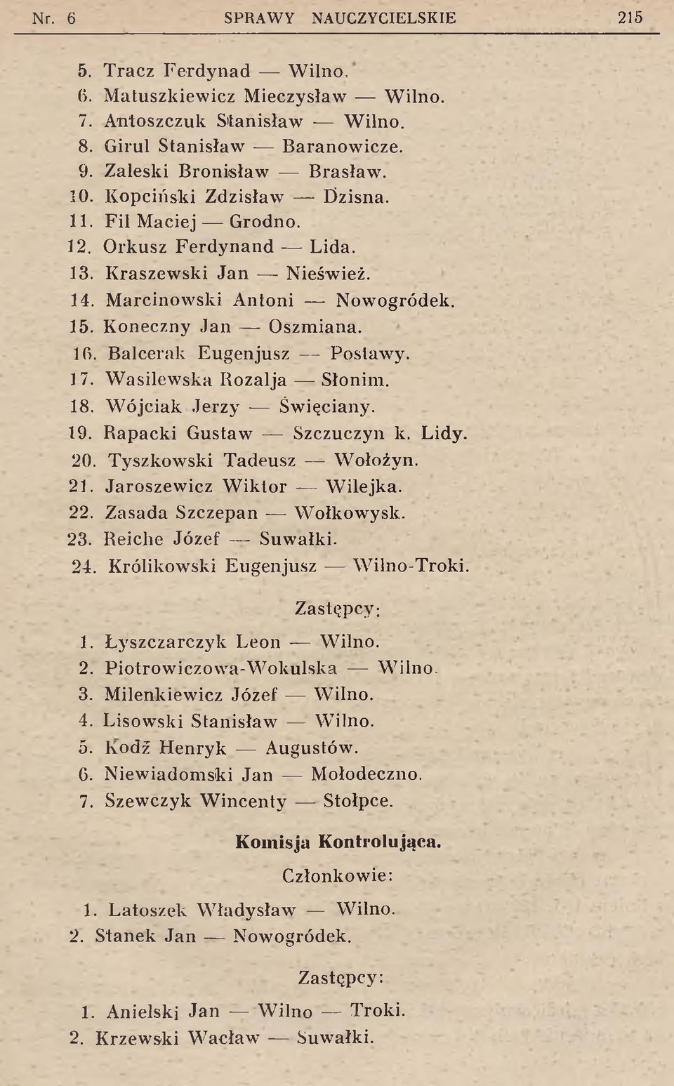 18. Wójciak Jerzy Święciany. 19. Rapacki Gustaw Szczuczyn k. Lidy. 20. Tyszkowski Tadeusz Wołożyn. 21. Jaroszewicz Wiktor Wilejka. 22. Zasada Szczepan Wołkowysk. 23. Reiche Józef Suwałki. 24.