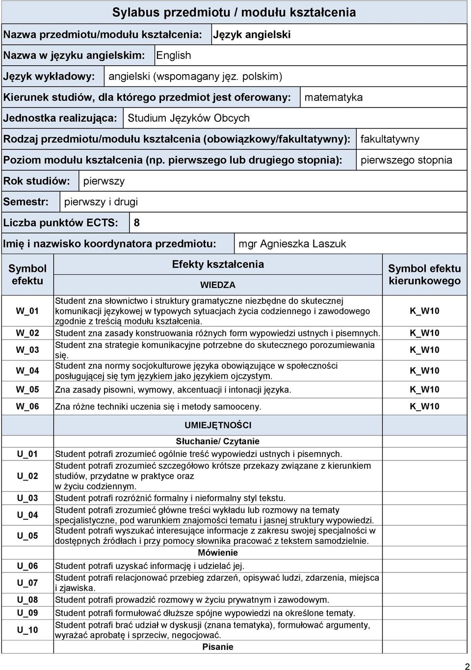 Poziom modułu kształcenia (np.