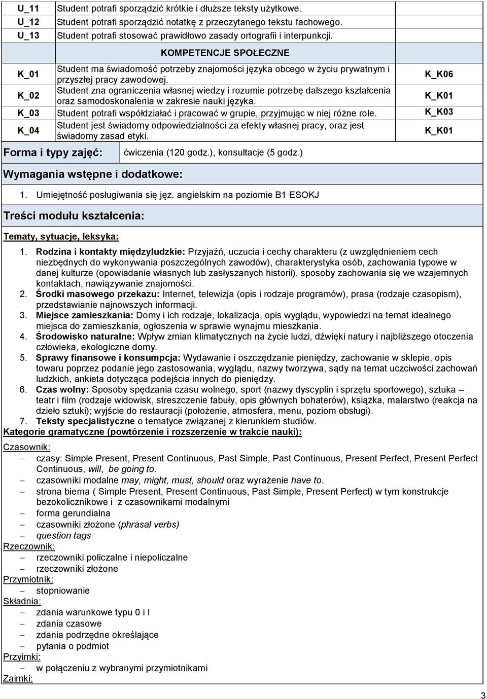 K_K06 K_02 Student zna ograniczenia własnej wiedzy i rozumie potrzebę dalszego kształcenia oraz samodoskonalenia w zakresie nauki języka.