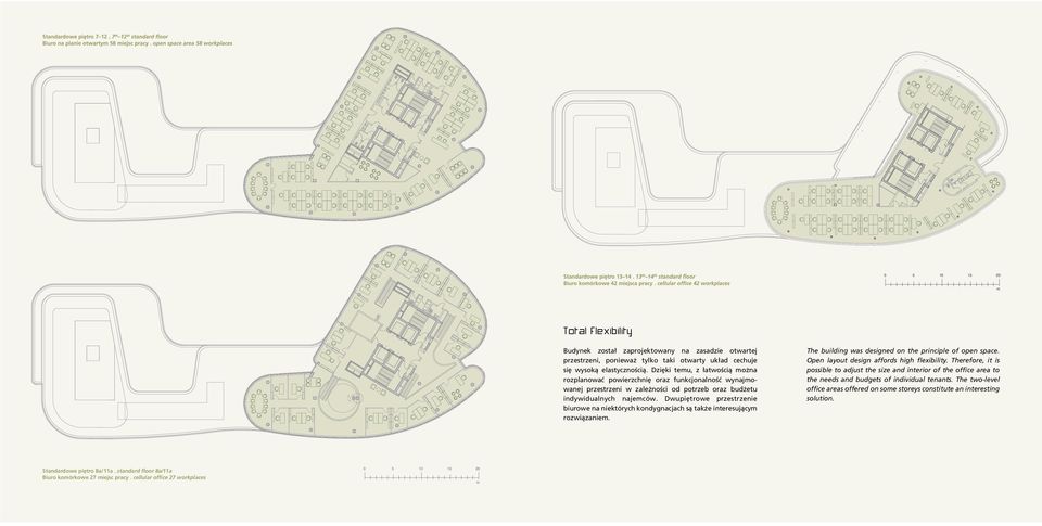 Dwupiętrowe przestrzenie biurowe na niektórych kondygnacjach są także interesujący rozwiązanie. The building was designed on the principle of open space. Open layout design affords high flexibility.